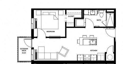 Floor plan for 1 bed, 1 bath, 586 sqft